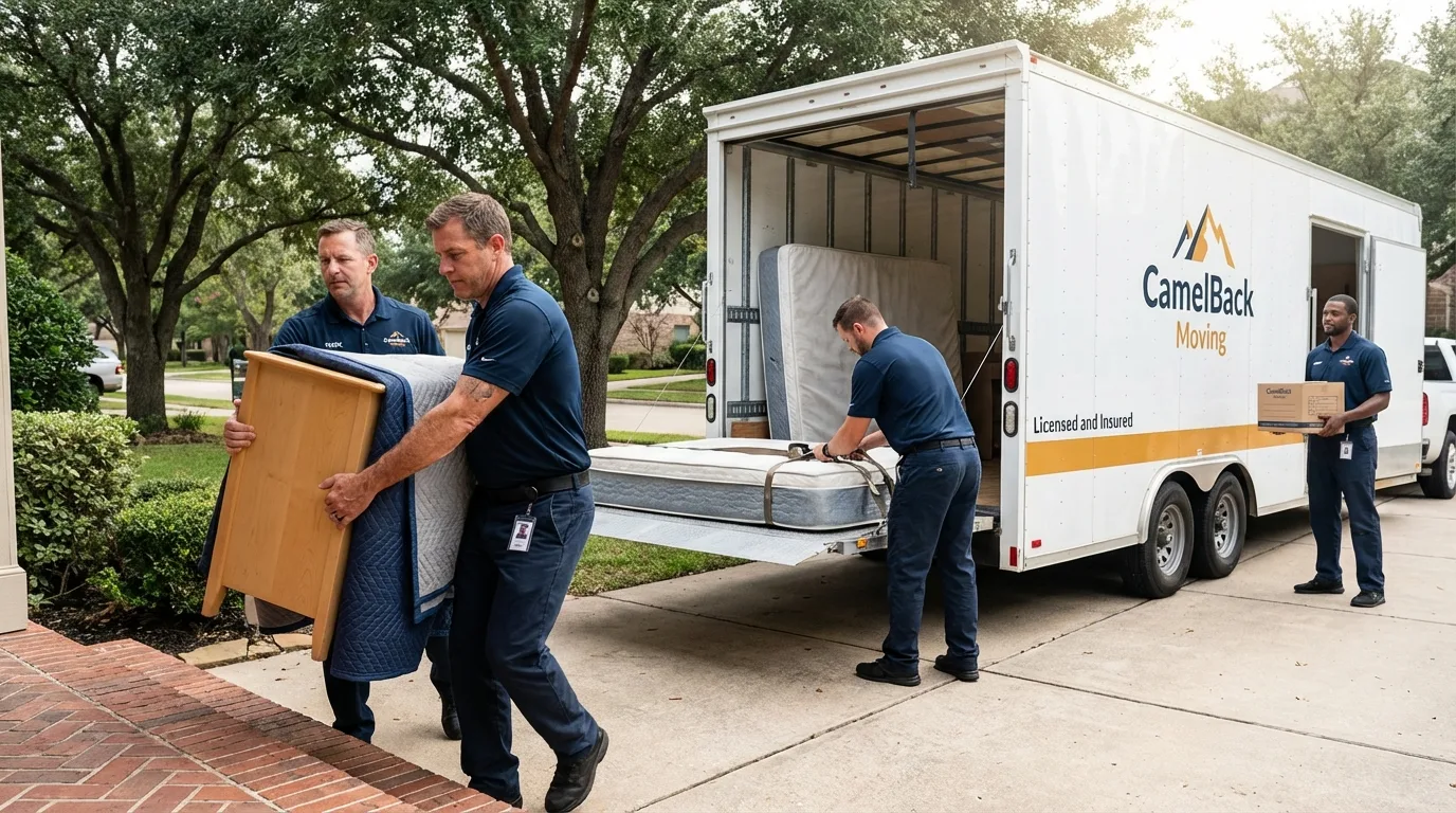 Crew loading residential truck for cross-state move from Amelia, LA