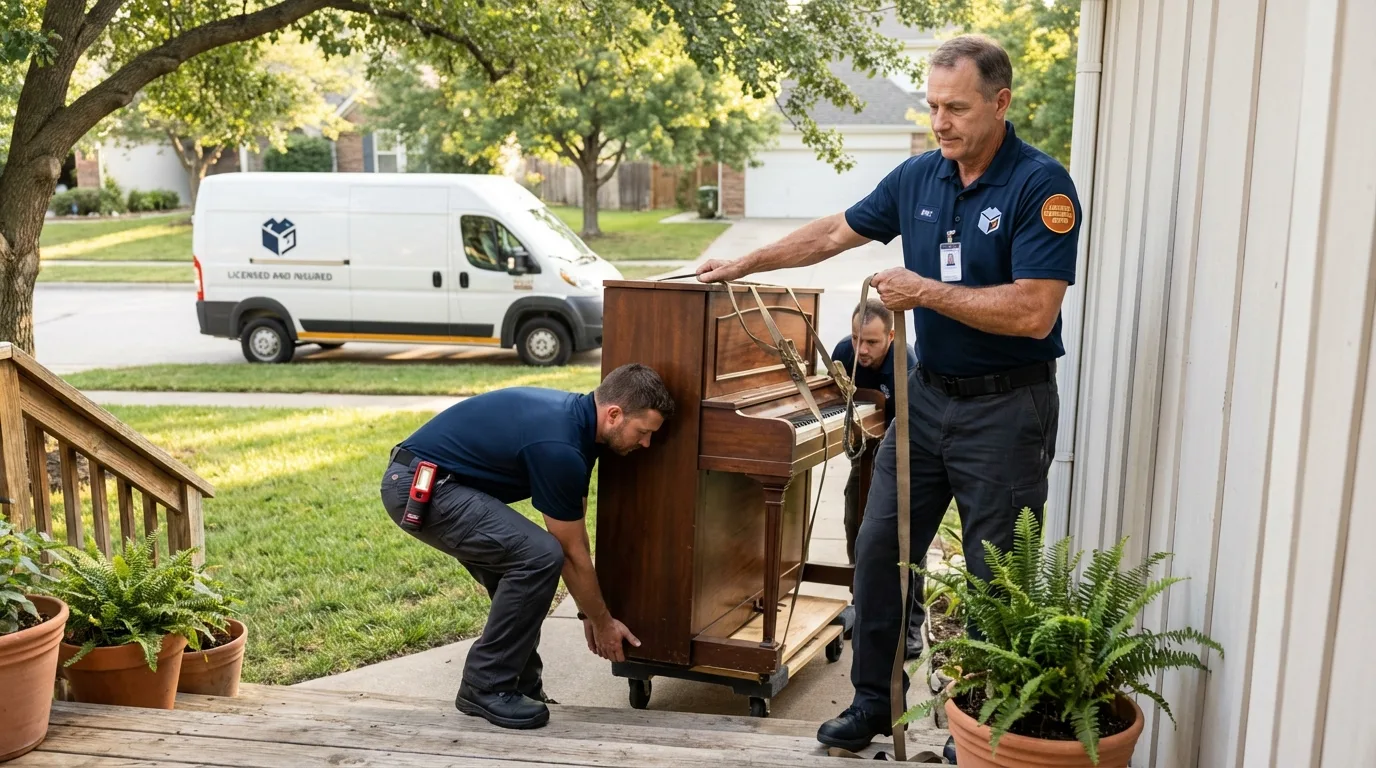 Licensed piano movers securing grand piano in Amelia, LA