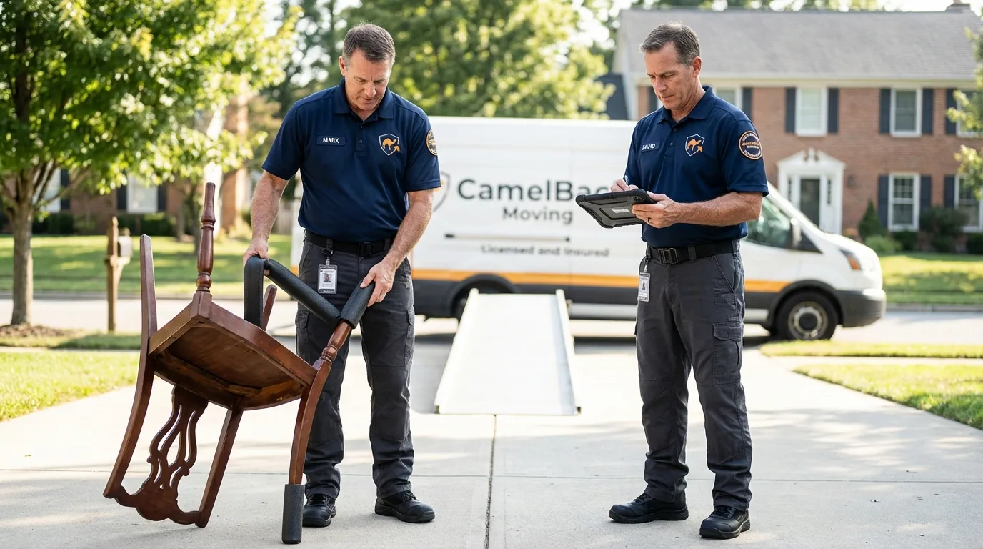 Movers inspecting furniture for damage prevention before loading in Amelia, LA