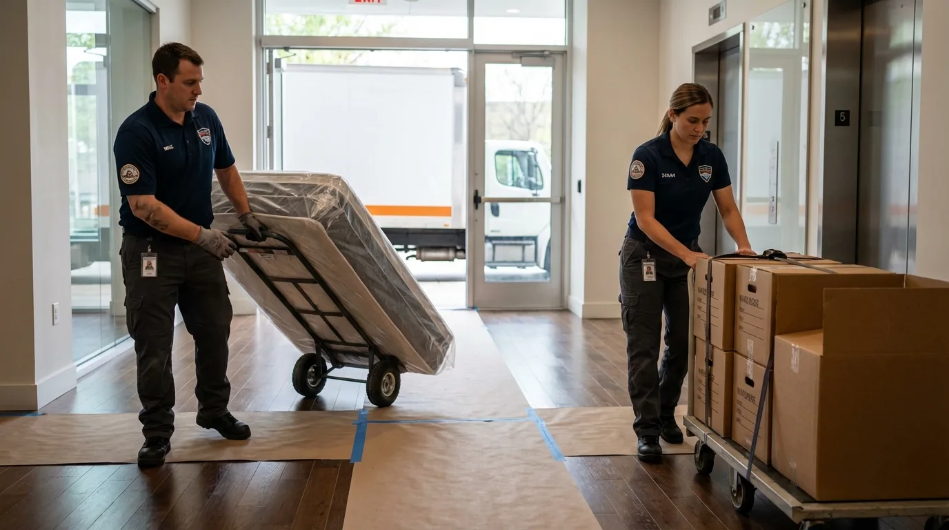 Professional apartment movers loading elevator in Amelia, LA