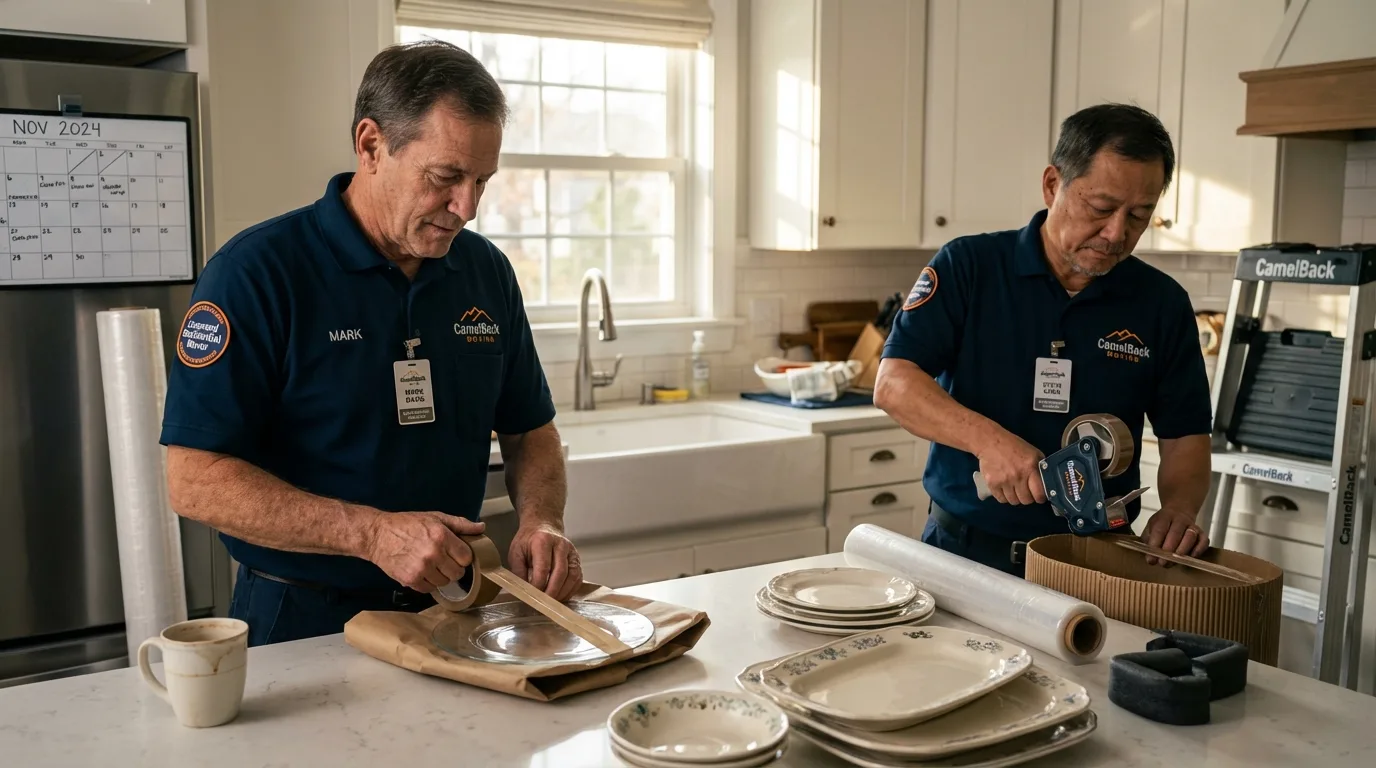 Professional crew packing kitchen dishware in Amelia, LA